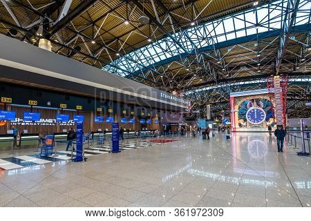 Moscow, Russia - 2020: Sheremetyevo International Airport, Terminal C, Check-in Counters.