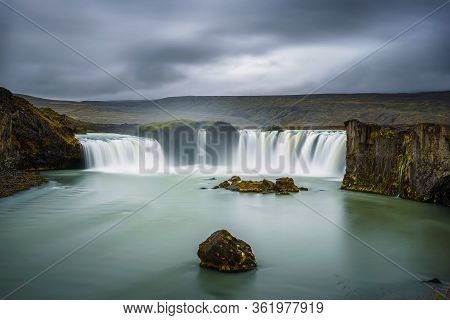 Godafoss Waterfall In Iceland. Godafoss Means The Waterfall Of The Gods In Icelandic. Long Exposure.