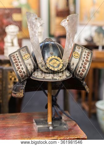Antique Medieval Asian Helmet Kabuto: Japanese Theme.
