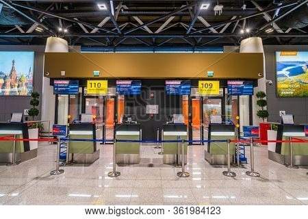 Moscow, Russia - 2020: Sheremetyevo International Airport Without People, Empty Check-in Counters.