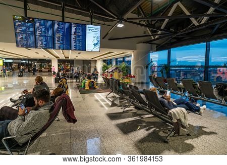 Moscow, Russia - 2020: Sheremetyevo International Airport, Inside The Terminal, People In Waiting Ro