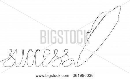 One Line Drawing. A Pen Writes The Word Success. Solid Line Art. Ball Pen. Biro. Hand Drawn Minimali