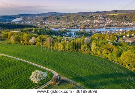 Aerial View Of The Rhine Valley And Remagen  Farm Countryside  Germany