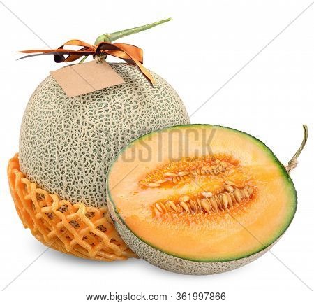 Melon And Half With Ribbin Label Isolated, Melon Clipping Path