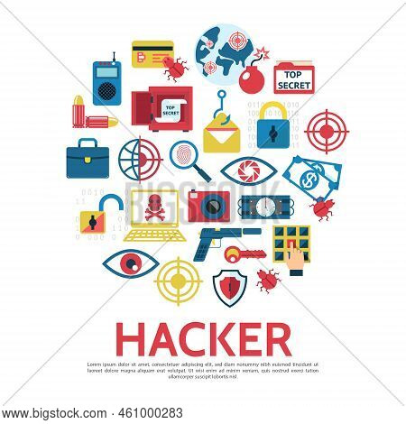 Flat Hacking Round Concept With Safe Hacker Bug Lock Laptop Money Dynamite Bomb Key Pistol Shield Fi