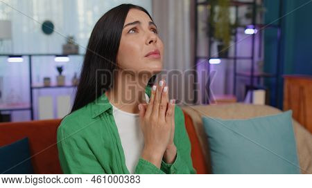 Please, God Help. Girl Praying Sincerely With Folded Arms, Looking Upward And Making Wish, Asking Wi