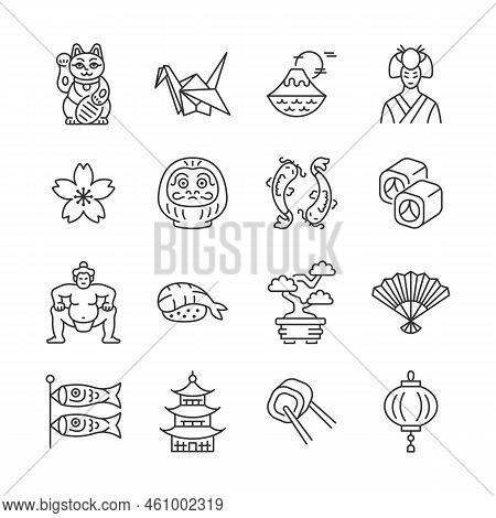 Japan Line Icon Set. Japanese Traditional Vector Sign With Sakura, Origami, Maneki Neko Cat, Daruma,