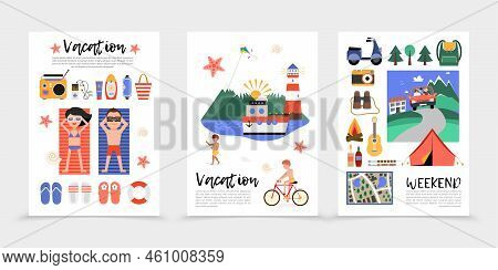 Flat Summer Vacation Posters With Beach Rest Slippers Lifebuoy Radio Suncream Cruise Ship Voyage Cam