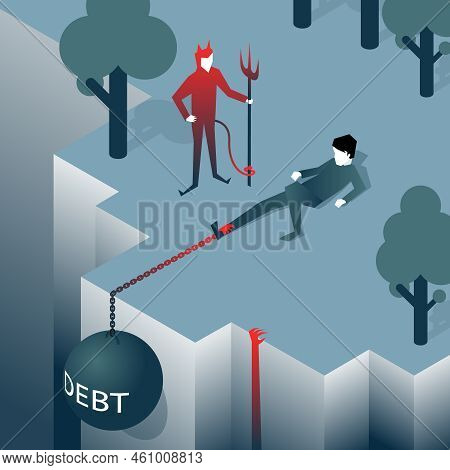 Debt Takes Off Man Over A Cliff. Load Pulls Into The Abyss. Bankruptcy, Liabilities. Vector Illustra