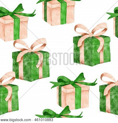Watercolor Hand Drawn Seamless Pattern With Gift Box Present With Green Beige Bow Ribbon. Festive Pa