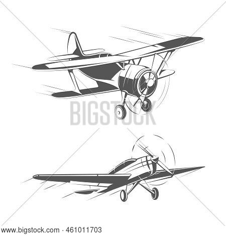 Biplane And Monoplane Aircrafts For Vintage Emblems, Badges And Logos Vector Set. Aviation Airplane 