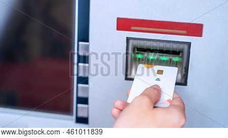 Atm Machine Cash. Money Bank Credit Card Holding Hand. Withdraw Money Cash From Atm. Bank Credit Car