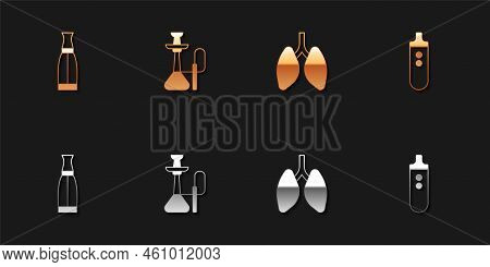Set Vape Liquid Bottle, Hookah, Lungs And Electronic Cigarette Icon. Vector