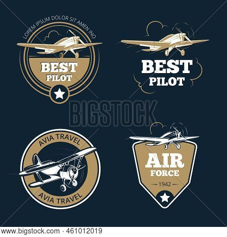 Aircraft And Air Transportation Labels. Air Tourism Vector Emblems. Emblem Aircraft, Flight Label Ad