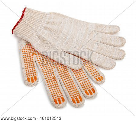 White And Orange Knitted Work Gloves Isolated On White Background. Cotton Material