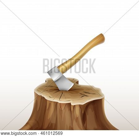 Vector Iron Axe With Brown, Ocher Wooden Handle In Stump Isolated On White Background