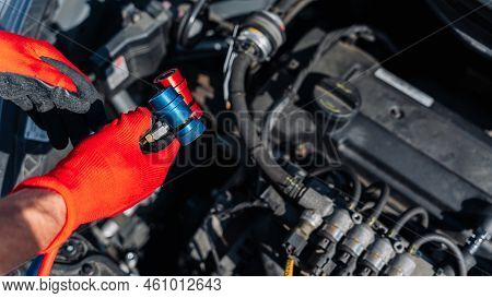 Car Air Conditioner Ac Repair Service. Refill Automobile Ac Compressor And Checking Auto Conditionin