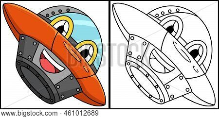 This Coloring Page Shows A Ufo With Face Vehicle. One Side Of This Illustration Is Colored And Serve