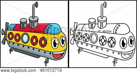 This Coloring Page Shows A Submarine With Face Vehicle. One Side Of This Illustration Is Colored And