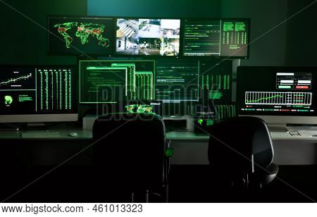 Hacker Empty Lair With Multiple Monitor Screens And Security Cameras. Hacker Dark Hideout Space.