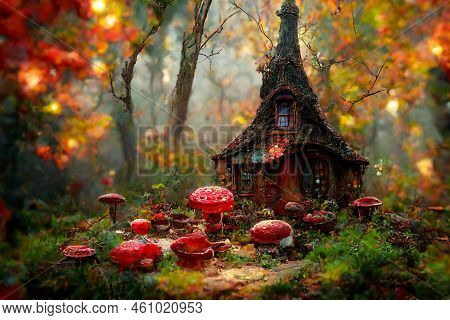 Fairy Dwarfish House In Middle Of The Fantasy Forest. Creative 3d Illustration.