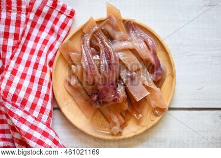 Pickled Squid On Plate, Raw Squid For Cooking Food On Table, Preserving Food Seafood - Top View