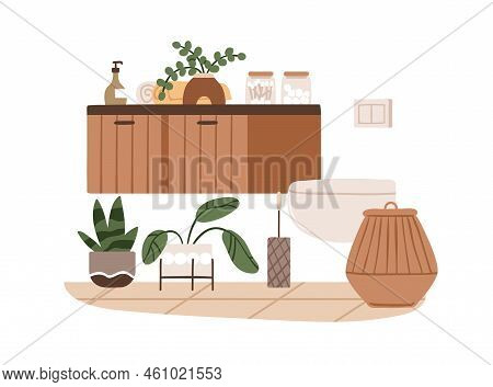 Modern Restroom Interior With Wall-hung Toilet Bowl, Scandinavian Furniture. Home Lavatory, Water Cl