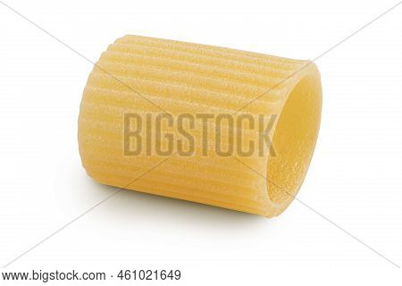 Raw Italian Pasta In Wooden Bowl Isolated On White Background. Mezze Maniche Rigate Bronze Die