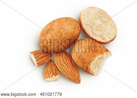 Marzipan Balls Or Potatoes With Almond Isolated On White Background Full Depth Of Field. Top View. F
