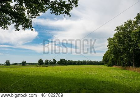 Green Fields, Trees And Clouds At The Dutch Countryside Around Elsloo, The Netherlands