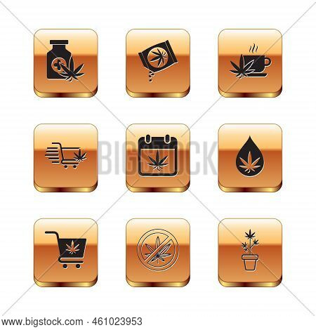 Set Medical Bottle With Marijuana, Shopping Cart, Stop, Calendar And, Cup Tea, Marijuana Plant Pot A