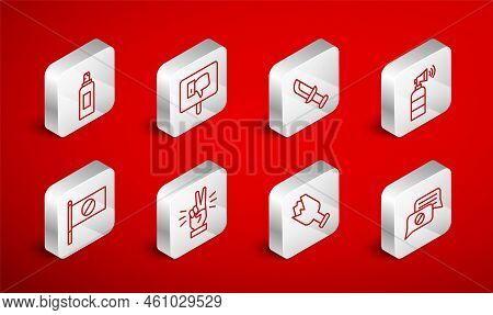 Set Line Speech Bubble Chat, Protest, Military Knife, Air Horn, Broken Bottle As Weapon, Paint Spray