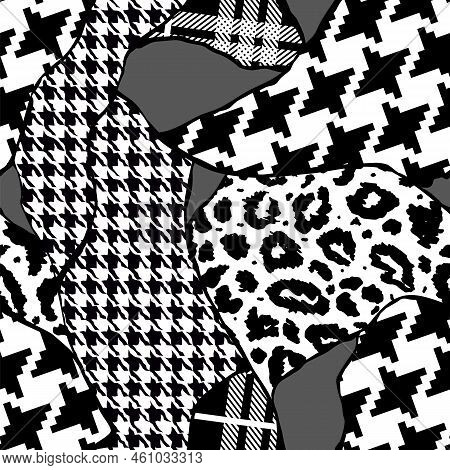 Black And Whiye Modern Patchwork Collage Animal Skin Mixed With Geometric Pattern, Tartan And Border