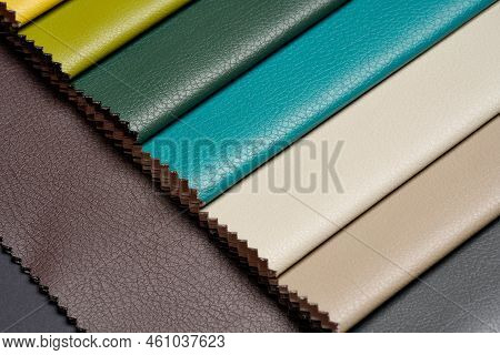 Fabric Swatches In Different Colors Are Stacked For Selection. Catalog And Palette Tone Of Interior 
