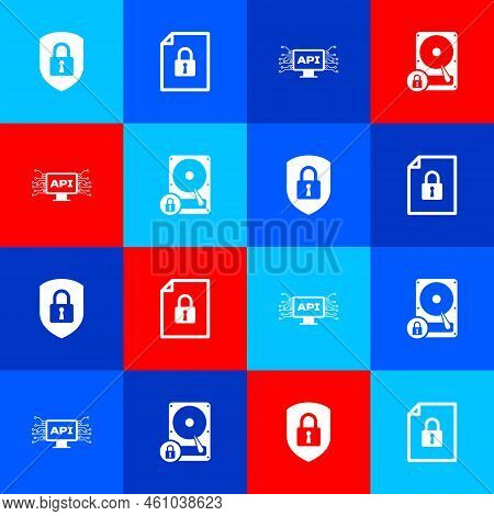 Set Shield Security With Lock, Document And, Computer Api Interface And Hard Disk Drive Icon. Vector