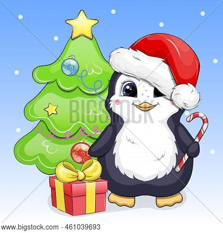 A Cute Cartoon Penguin In A Santa Hat Holds A Candy Cane And Stands Next To The Christmas Tree And A