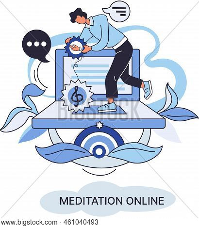 Meditation Online Metaphor. Classes On Laptop, Practicing Yoga, Mental Exercises. Live Stream, Inter