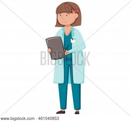 Doctor Female Character In Hospital, Medicine, Health Care Concept. Woman Medic Therapist Or Nurse I