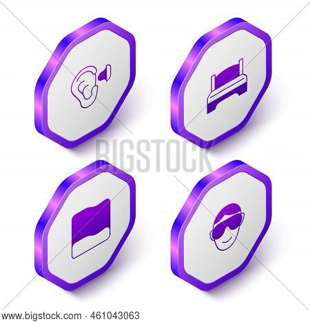 Set Isometric Earplugs And Ear, Big Bed, Pillow And Eye Sleep Mask Icon. Purple Hexagon Button. Vect