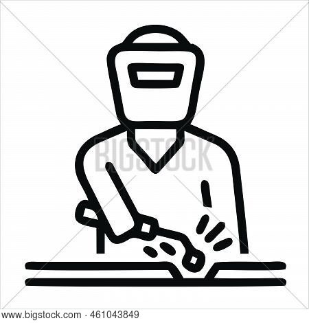 Welder Welds Metal Pipe Isolated Outline Icon. Vector Welder In Work Clothes In Protective Mask, Wel