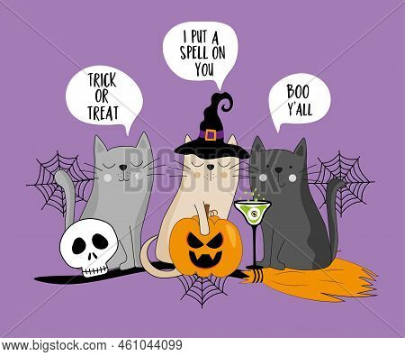 Hand Drawn Witch Cats And Speech Bubbles. Spooky Skull, Pumpkin, And Potion On Broom. Islolated On P