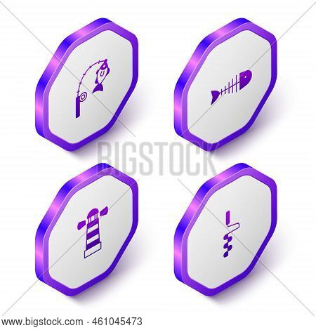 Set Isometric Fishing Rod And Fish, Skeleton, Lighthouse And Hand Ice Drill Icon. Purple Hexagon But