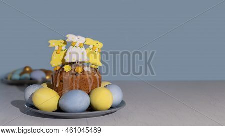 Easter Cake Decorated Colorful Gingerbread Bunnies With Sugar Icing And Pastel Blue And Yellow Easte