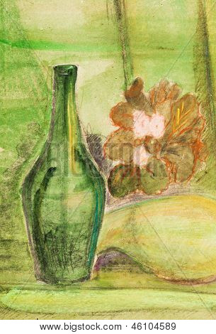 Paiting del bambino - Still Life With vecchia bottiglia verde