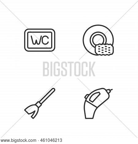 Set Line Portable Vacuum Cleaner, Handle Broom, Toilet And Washing Dishes Icon. Vector