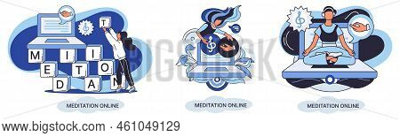 Meditation Online Metaphor. Classes On Laptop, Practicing Yoga, Mental Exercises. Live Stream, Inter