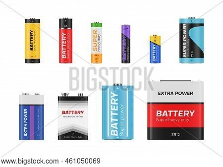 Batteries And Accumulators Set Realistic Vector Illustration. Battery Charge Chemical Capacity