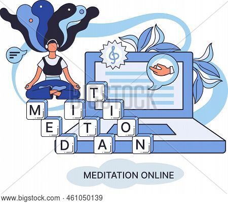 Meditation Online Metaphor. Classes On Laptop, Practicing Yoga, Mental Exercises. Live Stream, Inter