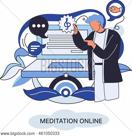 Meditation Online Metaphor. Classes On Laptop, Practicing Yoga, Mental Exercises. Live Stream, Inter