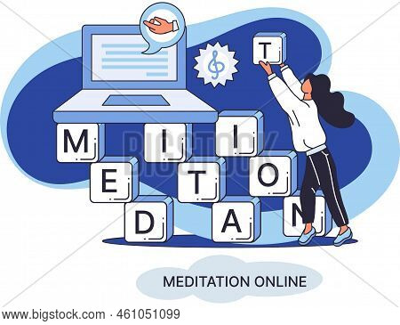Meditation Online Metaphor. Classes On Laptop, Practicing Yoga, Mental Exercises. Live Stream, Inter